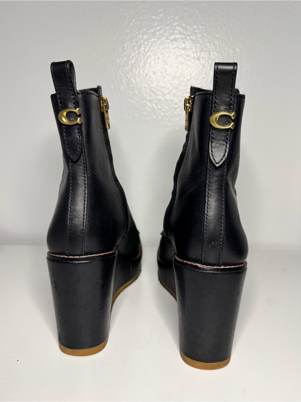 Coach Black Leather Block Heel Ankle Boots with Gold Hardware